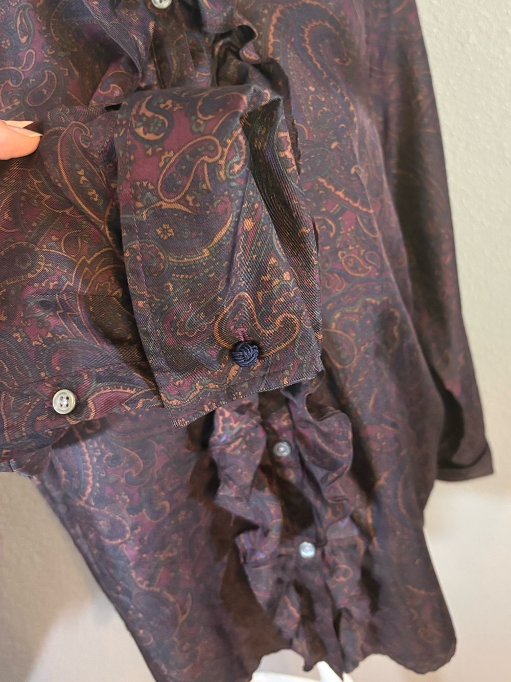Ralph Lauren 100% Silk Paisley Ruffle Button-Up Blouse Size L - Picture 6 of 10